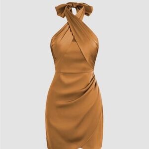 Cider One-Shoulder Tie Mini Dress in Camel Brown